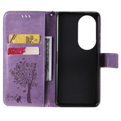 For Huawei P50 Pro Tree & Cat Pattern Pressed Printing Horizontal Flip PU Leather Case with Holder & Card Slots & Wallet & Lanyard(Light Purple) - Huawei Cases by buy2fix | Online Shopping UK | buy2fix