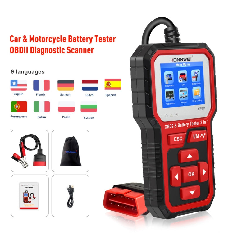 KONNWEI KW681 Car 2.4 inch TFT Screen OBD Fault Diagnosis + 6V-12V Battery Tester Support 9 Languages - In Car by KONNWEI | Online Shopping UK | buy2fix