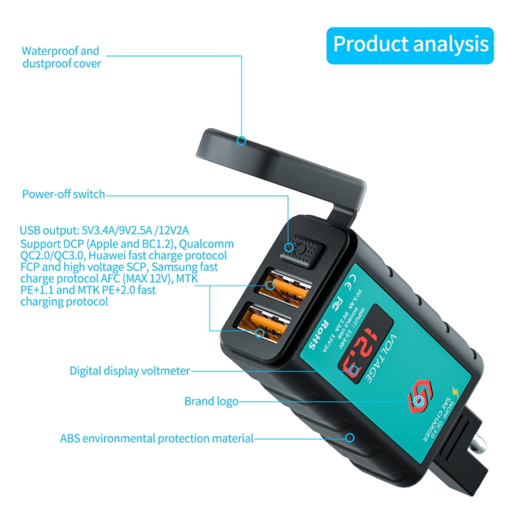 WUPP ZH-1422A1 DC12-24V Motorcycle Square Dual USB Fast Charging Charger with Switch + Voltmeter + Integrated SAE Socket - In Car by WUPP | Online Shopping UK | buy2fix