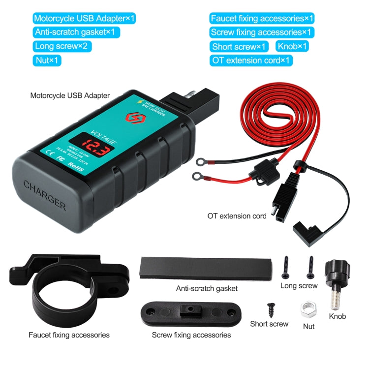 WUPP ZH-1422A3 DC12-24V Motorcycle Square Dual USB Fast Charging Charger with Switch + Voltmeter + Integrated SAE Socket + 1.4m OT Terminal Cable - In Car by WUPP | Online Shopping UK | buy2fix