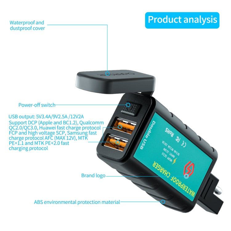 WUPP ZH-1422C1 Motorcycle Square Dual USB Fast Charging Charger with Switch + Integrated SAE Socket - In Car by WUPP | Online Shopping UK | buy2fix