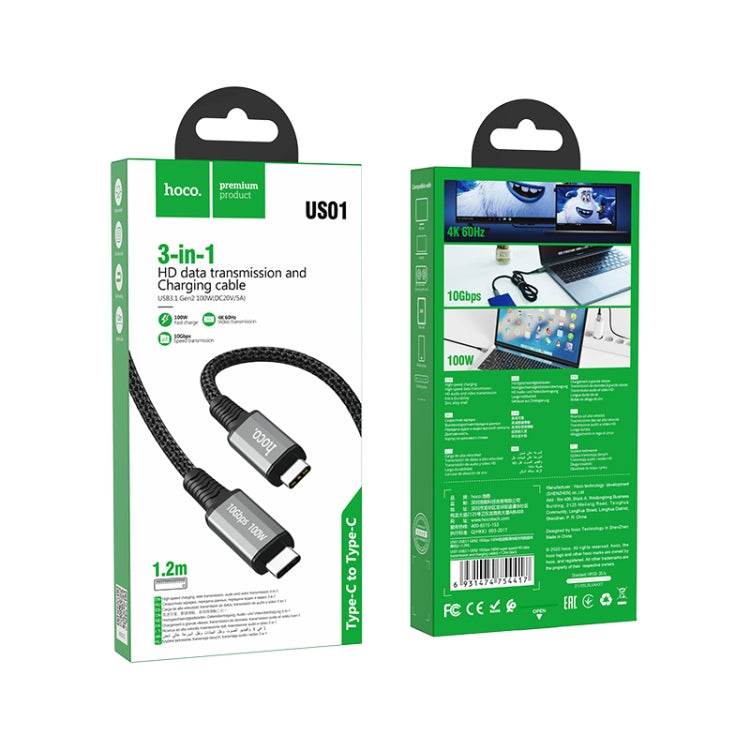 hoco US01 USB3.1 GEN2 10Gbps 100W Super-speed HD Transmission Charging Data Cable, Length:1.2m(Black) - Video & Audio Cable by hoco | Online Shopping UK | buy2fix
