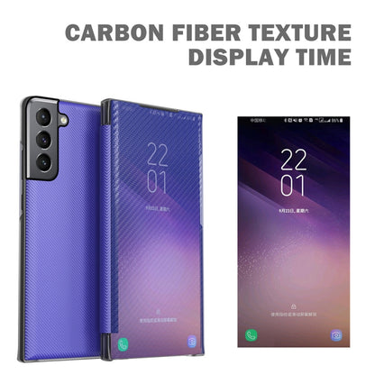 For Samsung Galaxy S21 FE Carbon Fiber Texture View Time Horizontal Flip Leather Case with Holder & Touch Call Display ID(White) - Samsung Accessories by buy2fix | Online Shopping UK | buy2fix
