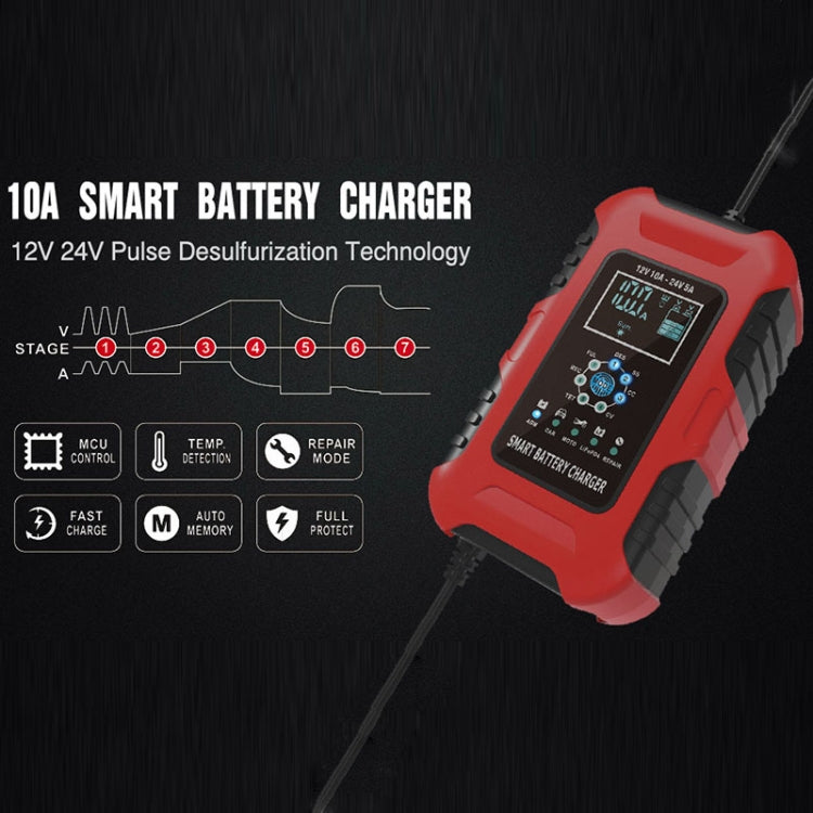 FOXSUR 10A 12V 7-segment Motorcycle / Car Smart Battery Charger, Plug Type:EU Plug(Red) - In Car by FOXSUR | Online Shopping UK | buy2fix