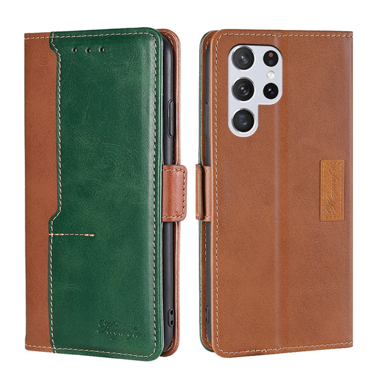 For Samsung Galaxy S22 Ultra 5G Retro Texture Contrast Color Side Buckle Horizontal Flip Leather Case with Holder & Card Slots & Wallet(Light Brown + Green) - Samsung Accessories by buy2fix | Online Shopping UK | buy2fix