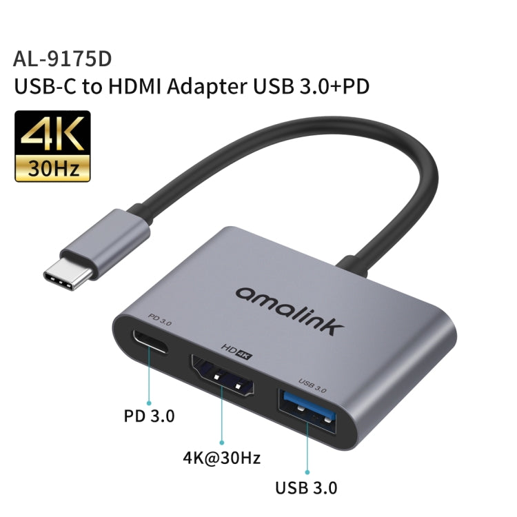 amalink 9175D Type-C / USB-C to HDMI + USB 3.0 + PD HUB Adapter(Grey) - Computer & Networking by amalink | Online Shopping UK | buy2fix