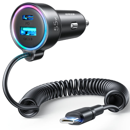 JOYROOM JR-CL07 3 in 1 55W PD USB-C / Type-C + USB Interface Car Charger with USB-C / Type-C Spring Data Cable(Black) - In Car by JOYROOM | Online Shopping UK | buy2fix