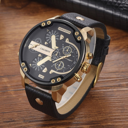 CAGARNY 6820 Round Large Dial Leather Band Quartz Dual Movement Watch For Men(Gold Between Black Band) - Leather Strap Watches by CAGARNY | Online Shopping UK | buy2fix