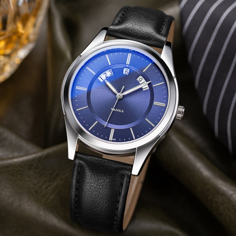 YAZOLE 513 Leather Band Calendar Waterproof Quartz Watch(Blue+Black) - Leather Strap Watches by YAZOLE | Online Shopping UK | buy2fix