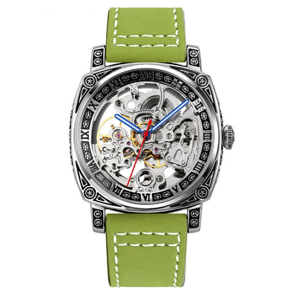 SKMEI 9271 Stainless Steel Buckle Leather Strap Waterproof Mechanical Watch(Green) - Leather Strap Watches by SKMEI | Online Shopping UK | buy2fix