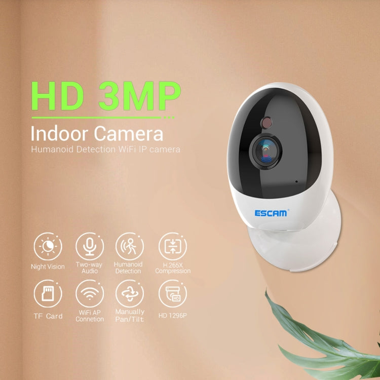 ESCAM QF006 3MP 1296P HD Indoor Wireless PTZ IP Camera IR Night Vision AI Humanoid Detection Home Security CCTV Monitor, Plug Type:US Plug(White) - Mini Camera by ESCAM | Online Shopping UK | buy2fix