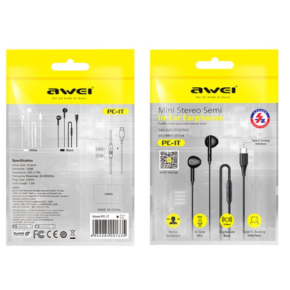 awei PC-1T 1.2m Mini Stereo Semi In-ear Earphones(Black) - Type-C Earphone by awei | Online Shopping UK | buy2fix
