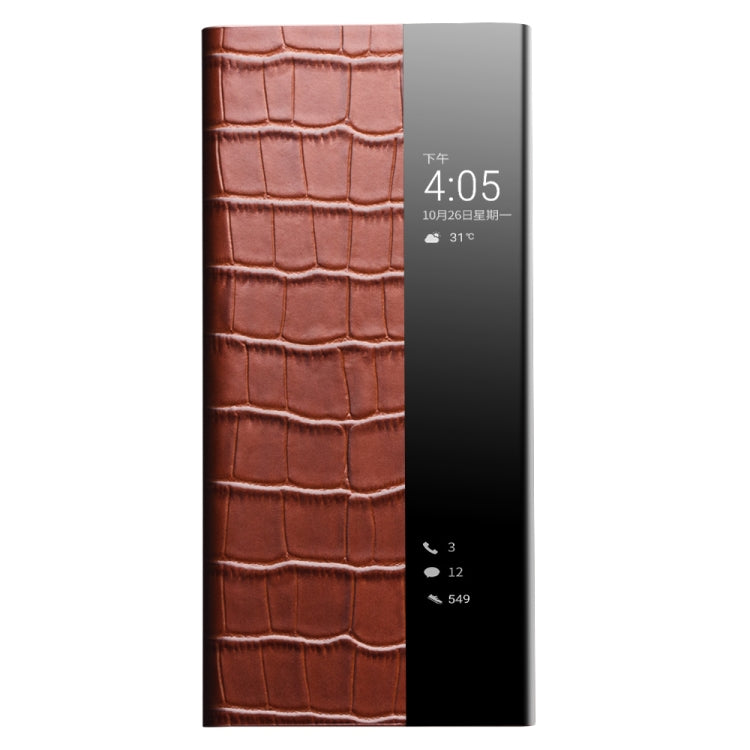 For Huawei P50 Pro QIALINO Crocodile Pattern Side Window View Genuine Leather Phone Case(Brown) - Huawei Cases by QIALINO | Online Shopping UK | buy2fix