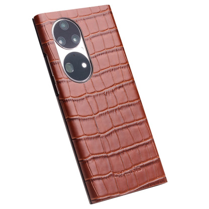 For Huawei P50 Pro QIALINO Crocodile Pattern Side Window View Genuine Leather Phone Case(Brown) - Huawei Cases by QIALINO | Online Shopping UK | buy2fix