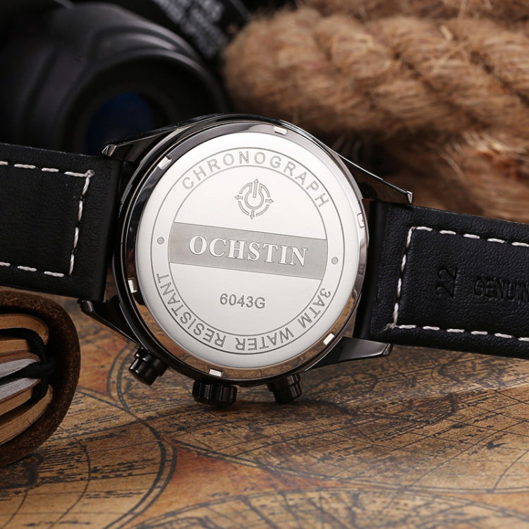 Ochstin 5043C Multifunctional Business Waterproof Leather Strap Quartz Watch(Black+Black+Blue) - Leather Strap Watches by OCHSTIN | Online Shopping UK | buy2fix