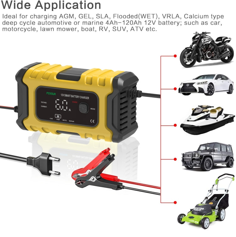 FOXSUR 6A 12V Motorcycle / Car Smart Battery Charger, Plug Type:EU Plug(Yellow) - In Car by FOXSUR | Online Shopping UK | buy2fix