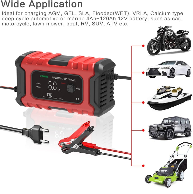 FOXSUR 6A 12V Motorcycle / Car Smart Battery Charger, Plug Type:EU Plug(Red) - In Car by FOXSUR | Online Shopping UK | buy2fix