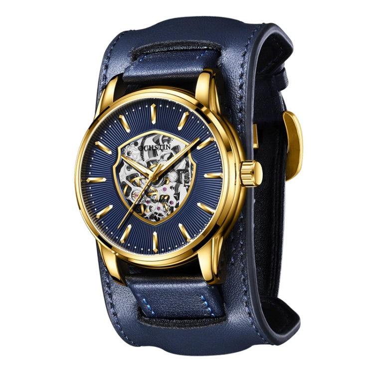 OCHSTIN 7010C Pilot Series Hollow Mechanical Men Watch(Gold-Blue) - Leather Strap Watches by OCHSTIN | Online Shopping UK | buy2fix