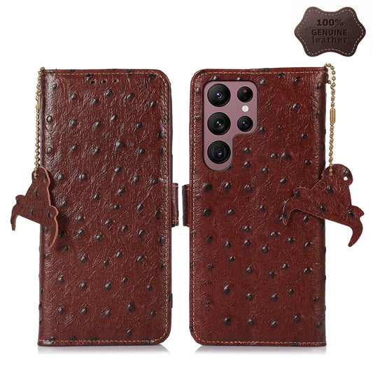 For Samsung Galaxy S22 Ultra 5G Ostrich Pattern Genuine Leather RFID Phone Case(Coffee) - Galaxy S22 Ultra 5G Cases by buy2fix | Online Shopping UK | buy2fix