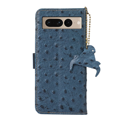 For Google Pixel 7 Ostrich Pattern Genuine Leather RFID Phone Case(Blue) - Google Cases by buy2fix | Online Shopping UK | buy2fix