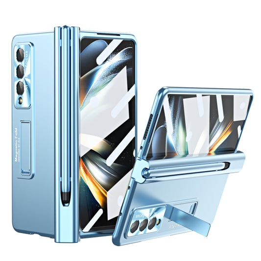 For Samsung Galaxy Z Fold3 5G Electroplating Corrugated Hinge Folding Phone Case with Pen Slot(Blue) - Galaxy Phone Cases by buy2fix | Online Shopping UK | buy2fix