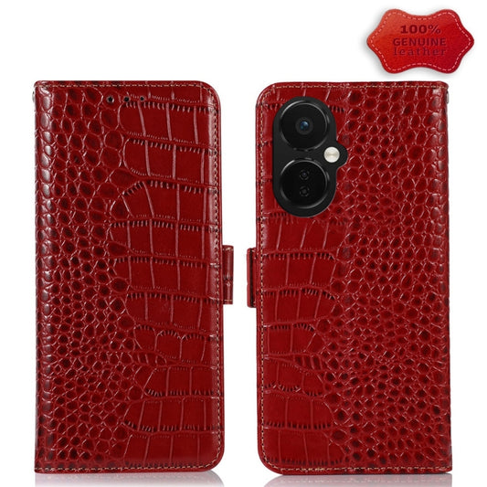 For OnePlus Nord CE 3 Lite Crocodile Top Layer Cowhide RFID Leather Phone Case(Red) - OnePlus Cases by buy2fix | Online Shopping UK | buy2fix