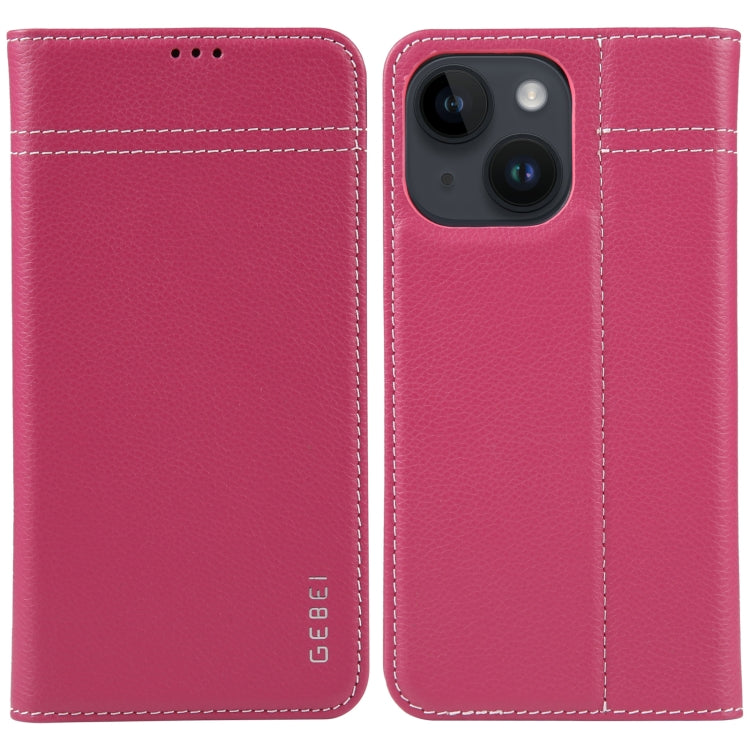 For iPhone 14 Plus GEBEI Top-grain Horizontal Flip Leather Phone Case(Rose Red) - iPhone 14 Plus Cases by GEBEI | Online Shopping UK | buy2fix