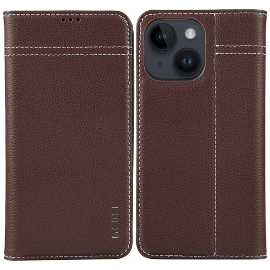 For iPhone 14 Plus GEBEI Top-grain Horizontal Flip Leather Phone Case(Brown) - iPhone 14 Plus Cases by GEBEI | Online Shopping UK | buy2fix