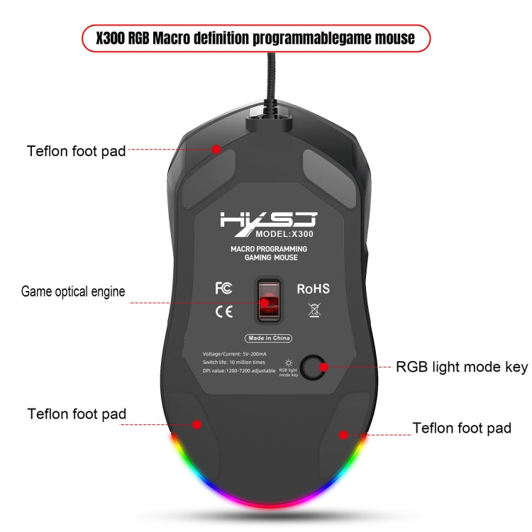 HXSJ X300 7200DPI RGB Backlight Interchangeable Back Cover Hole Gaming Wired Mouse(White) - Wired Mice by HXSJ | Online Shopping UK | buy2fix