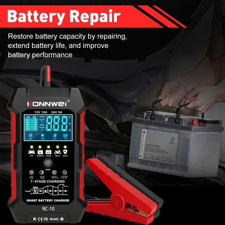 KONNWEI RC-10 2 inch Car Battery Charger Battery Pulse Repair Tool, Plug Type:EU Plug - Battery Charger by KONNWEI | Online Shopping UK | buy2fix