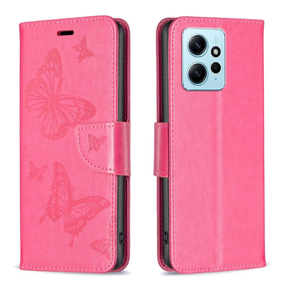 For Xiaomi Redmi Note 12 4G Global Two Butterflies Embossing Leather Phone Case(Rose Red) - Note 12 Cases by buy2fix | Online Shopping UK | buy2fix