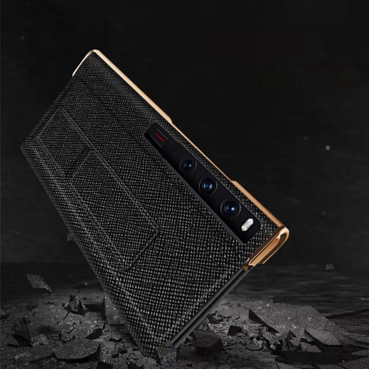 For Huawei Mate Xs 2 Electroplated Cross Pattern Leather All-inclusive Phone Case with Stand(Sapphire Blue Gold) - Huawei Cases by buy2fix | Online Shopping UK | buy2fix