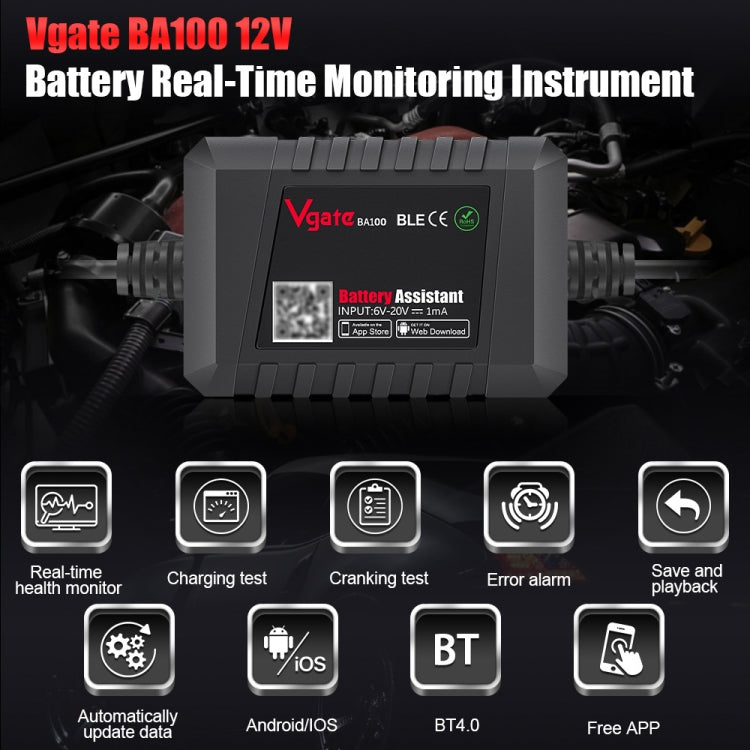 Vgate BA100 Car 12V Bluetooth 4.0 Battery Assistant Analyzer Tester -  by Vgate | Online Shopping UK | buy2fix