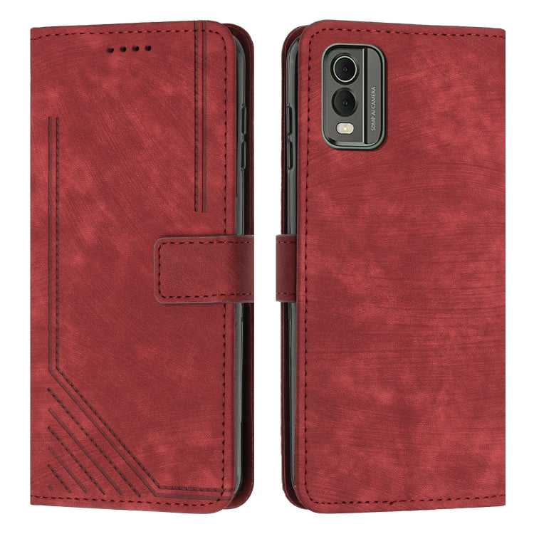 For Nokia C32 Skin Feel Stripe Pattern Leather Phone Case with Lanyard(Red) - Nokia Cases by buy2fix | Online Shopping UK | buy2fix