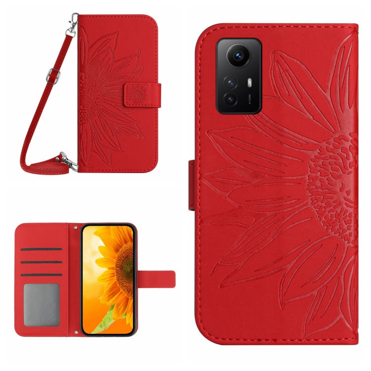 For Xiaomi Redmi Note 12S Skin Feel Sun Flower Embossed Flip Leather Phone Case with Lanyard(Red) - Xiaomi Cases by buy2fix | Online Shopping UK | buy2fix