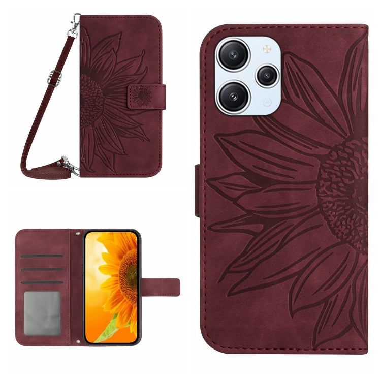 For Xiaomi Redmi 12 4G Global Skin Feel Sun Flower Embossed Flip Leather Phone Case with Lanyard(Wine Red) - Xiaomi Cases by buy2fix | Online Shopping UK | buy2fix