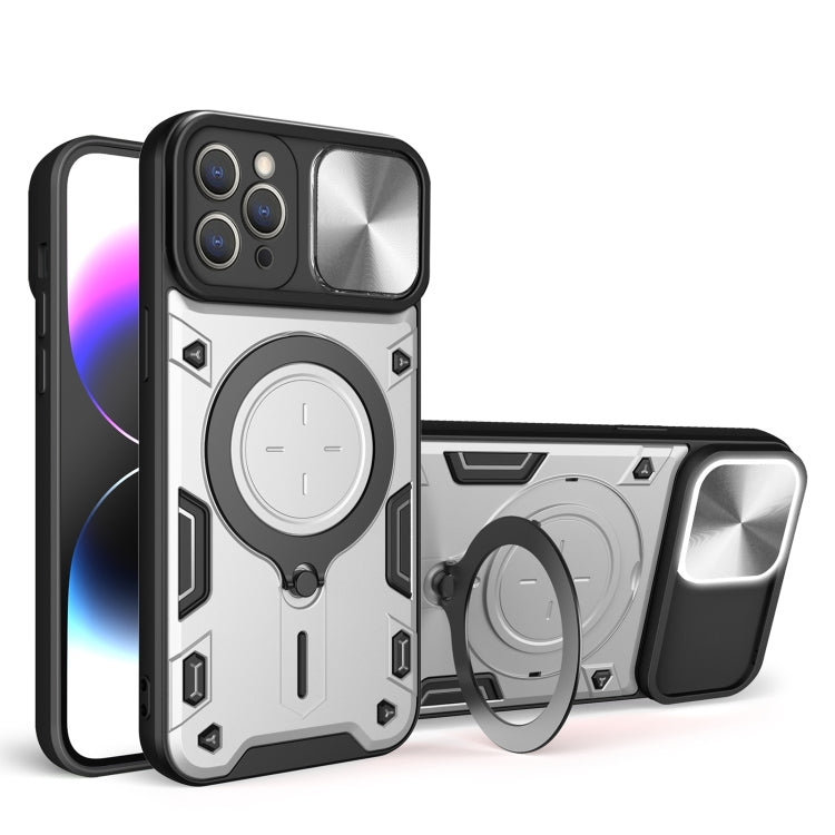 For iPhone 12 Pro Max CD Texture Sliding Camshield Magnetic Holder Phone Case(Silver) - iPhone 12 Pro Max Cases by buy2fix | Online Shopping UK | buy2fix