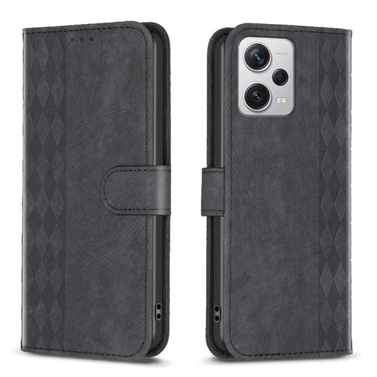 For Xiaomi Redmi Note 12 Pro+ Global Plaid Embossed Leather Phone Case(Black) - Note 12 Pro+ Cases by buy2fix | Online Shopping UK | buy2fix