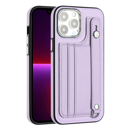 For iPhone 14 Pro Max Shockproof Leather Phone Case with Wrist Strap(Purple) - iPhone 14 Pro Max Cases by buy2fix | Online Shopping UK | buy2fix