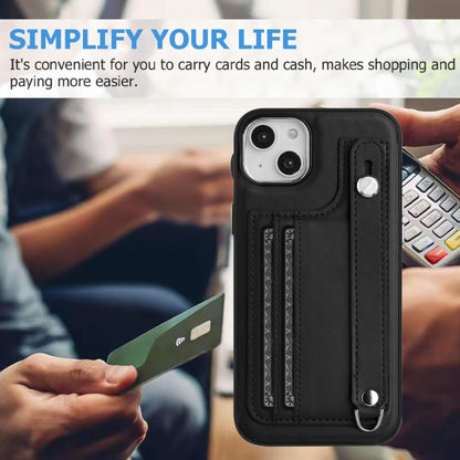 For iPhone 15 Shockproof Leather Phone Case with Wrist Strap(Black) - iPhone 15 Cases by buy2fix | Online Shopping UK | buy2fix