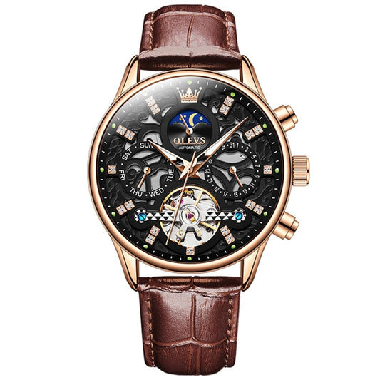 OLEVS 6658 Men Luminous Waterproof Leather Strap Mechanical Watch(Black + Rose Gold) - Leather Strap Watches by OLEVS | Online Shopping UK | buy2fix