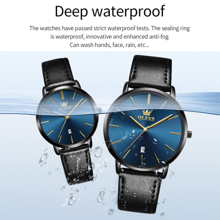 OLEVS 5869 1 Pair Couple Waterproof Genuine Leather Strap Quartz Watch(Blue + Rose Gold) - Couple Watches by buy2fix | Online Shopping UK | buy2fix