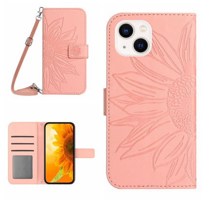 For iPhone 15 Skin Feel Sun Flower Embossed Flip Leather Phone Case with Lanyard(Pink) - iPhone 15 Cases by buy2fix | Online Shopping UK | buy2fix