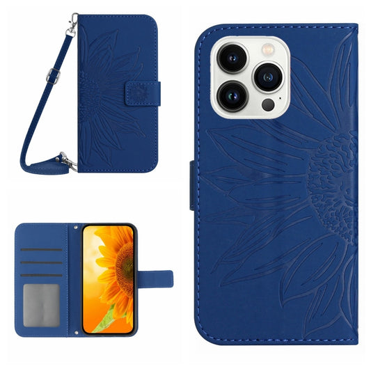 For iPhone 15 Pro Max Skin Feel Sun Flower Embossed Flip Leather Phone Case with Lanyard(Dark Blue) - iPhone 15 Pro Max Cases by buy2fix | Online Shopping UK | buy2fix