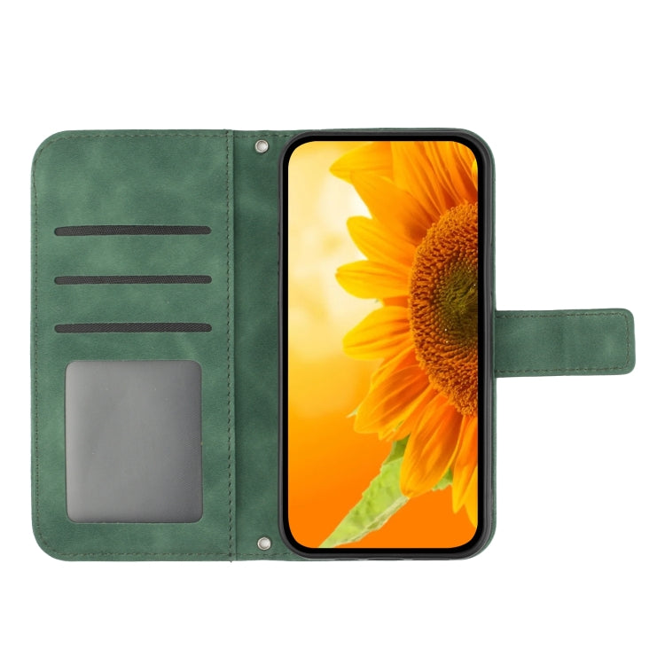 For iPhone 15 Pro Max Skin Feel Sun Flower Embossed Flip Leather Phone Case with Lanyard(Green) - iPhone 15 Pro Max Cases by buy2fix | Online Shopping UK | buy2fix