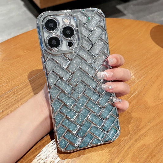 For iPhone 14 Pro Woven Grid 3D Electroplating Laser Engraving Glitter Paper Phone Case(Silver) - iPhone 14 Pro Cases by buy2fix | Online Shopping UK | buy2fix