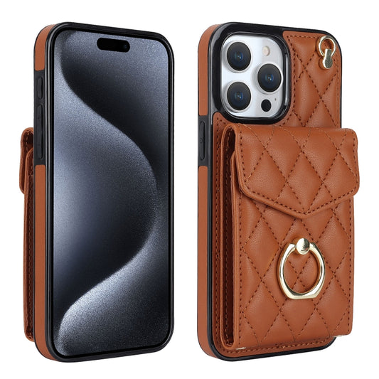 For iPhone 15 Pro Max Rhombic Texture Card Bag Phone Case with Long Lanyard(Brown) - iPhone 15 Pro Max Cases by buy2fix | Online Shopping UK | buy2fix