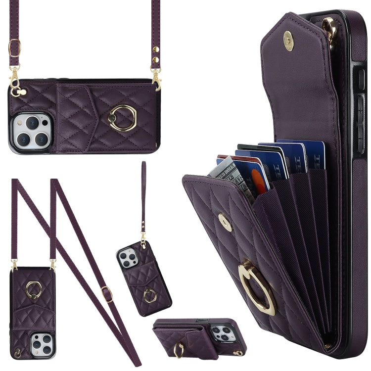 For iPhone 15 Pro Max Rhombic Texture Card Bag Phone Case with Long Lanyard(Dark Purple) - iPhone 15 Pro Max Cases by buy2fix | Online Shopping UK | buy2fix