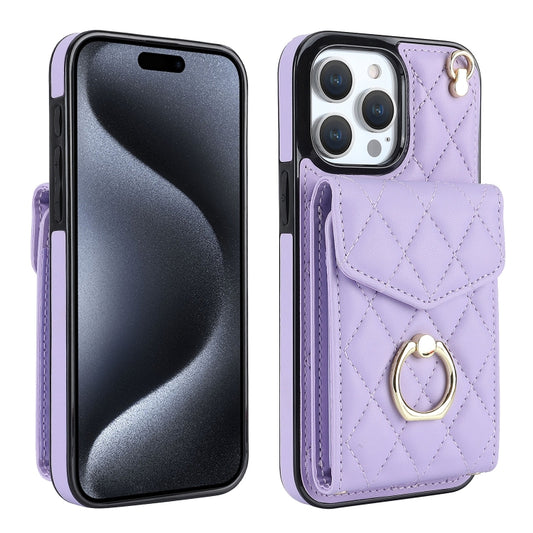 For iPhone 15 Pro Max Rhombic Texture Card Bag Phone Case with Long Lanyard(Light Purple) - iPhone 15 Pro Max Cases by buy2fix | Online Shopping UK | buy2fix