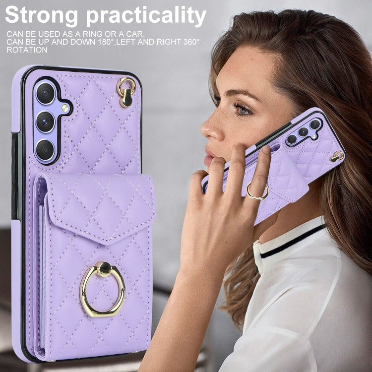 For Samsung Galaxy A54 5G Rhombic Texture Card Bag Phone Case with Long Lanyard(Light Purple) - Galaxy Phone Cases by buy2fix | Online Shopping UK | buy2fix